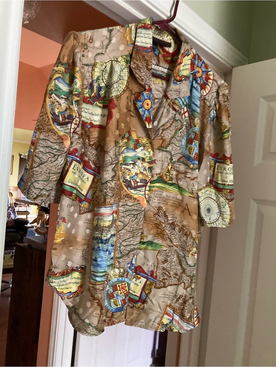 Jerri Sherman Tops - Map-Print Button-Up Blouse in Beige and Multicolor